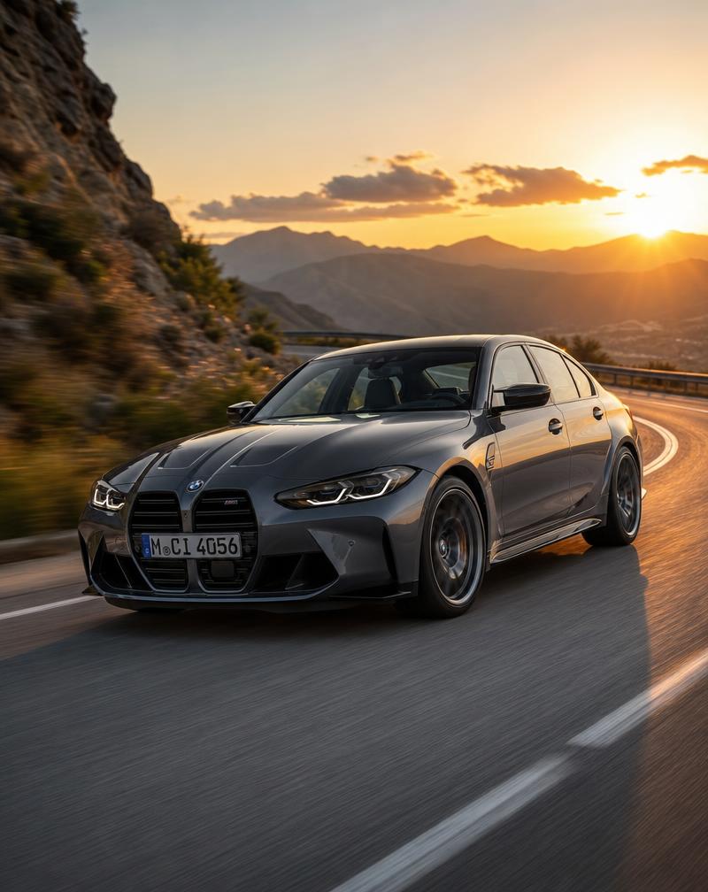 BMW M3 Competition auf Küstenstraße bei Sonnenuntergang